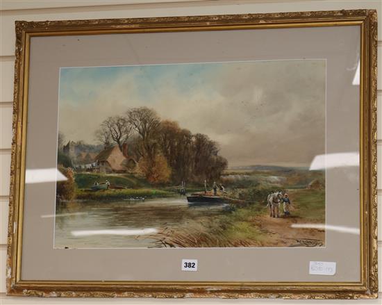 Henry Charles Fox (1855-1929) Horsedrawrn canal barge in a landscape 38 x 55cm